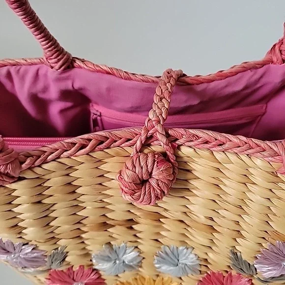 Vintage Handmade Floral Embroidered Straw Tote Bag Beach Mod Resort Retro - Picture 3 of 16